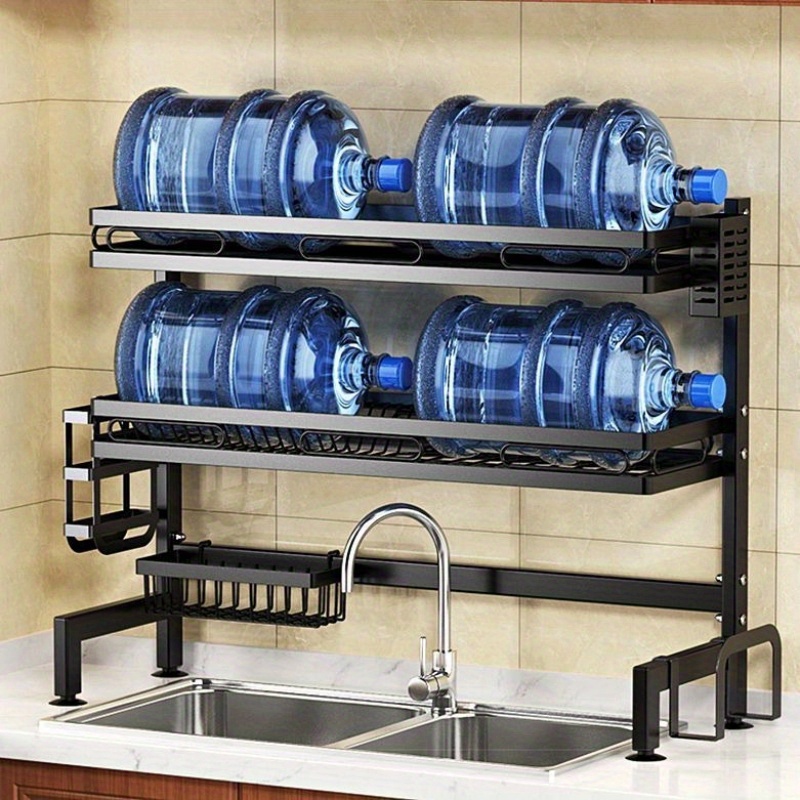 1pc 82cm/32.45inch Double Layer Sink Dish Drying Rack - Large Over The Sink Dish Drainer Drying Rack Large Capacity Stainless Steel Dish Rack, Multifunctional Kitchen Organizerswith Hooks Paper Towel Utensil Cup Holder Sink Caddy, Standing Shelf