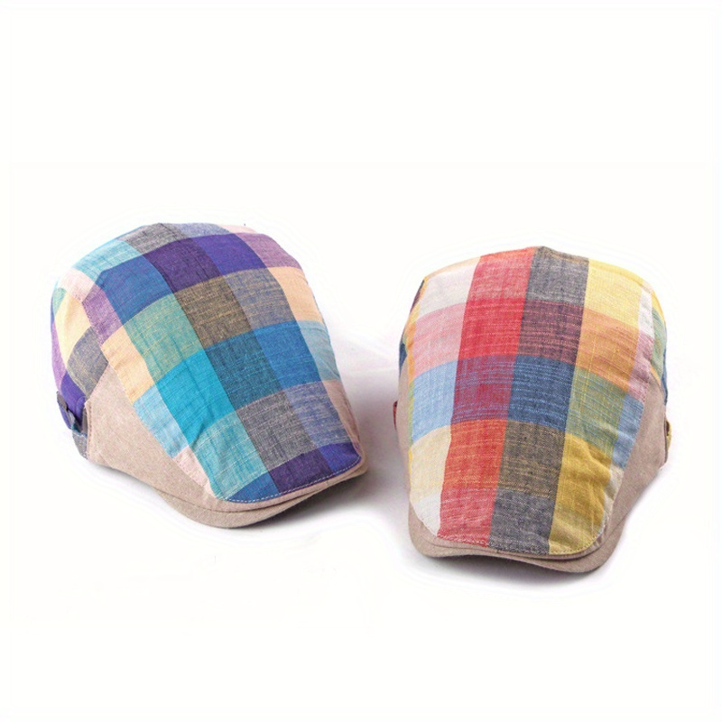 Unisex Lightweight Plaid Beret Hat with Adjustable Snap Closure - Vibrant Multicolor Patchwork Design for Outdoor Casual & Music Festivals, Spring Summer Fashion Cap