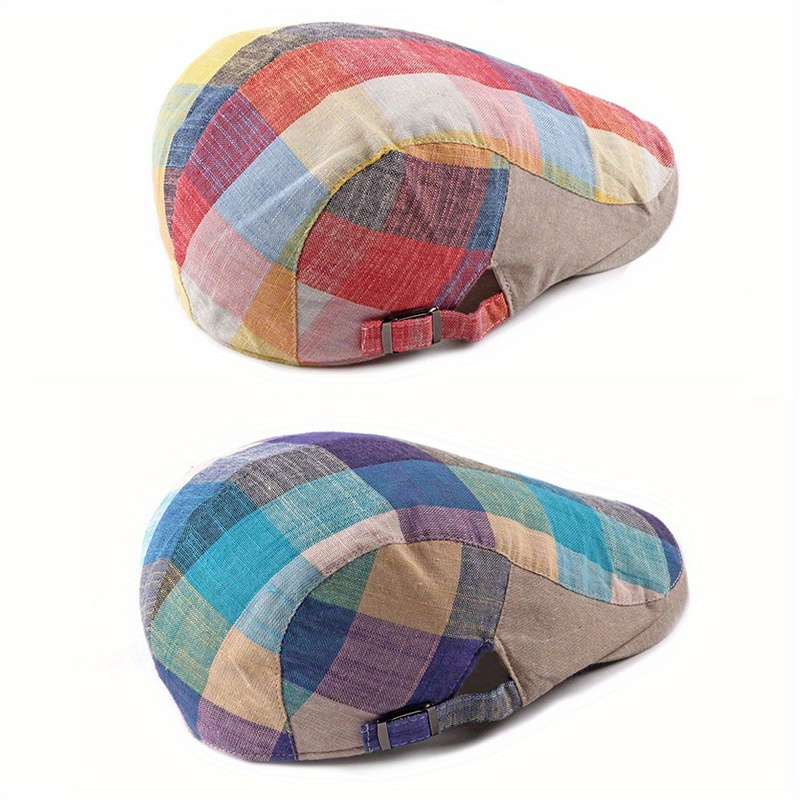 Unisex Lightweight Plaid Beret Hat with Adjustable Snap Closure - Vibrant Multicolor Patchwork Design for Outdoor Casual & Music Festivals, Spring Summer Fashion Cap