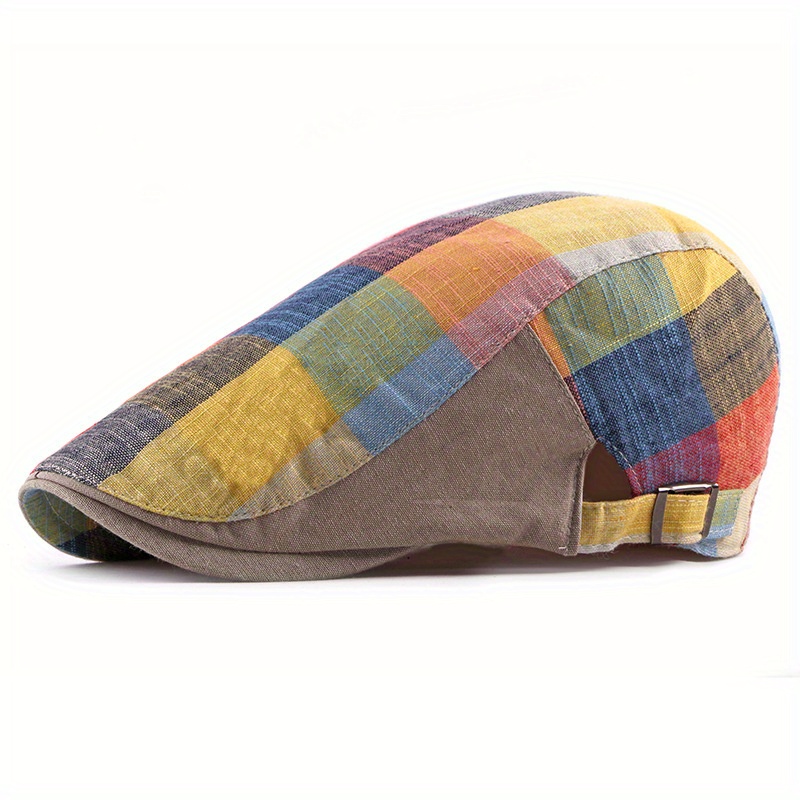 Unisex Lightweight Plaid Beret Hat with Adjustable Snap Closure - Vibrant Multicolor Patchwork Design for Outdoor Casual & Music Festivals, Spring Summer Fashion Cap