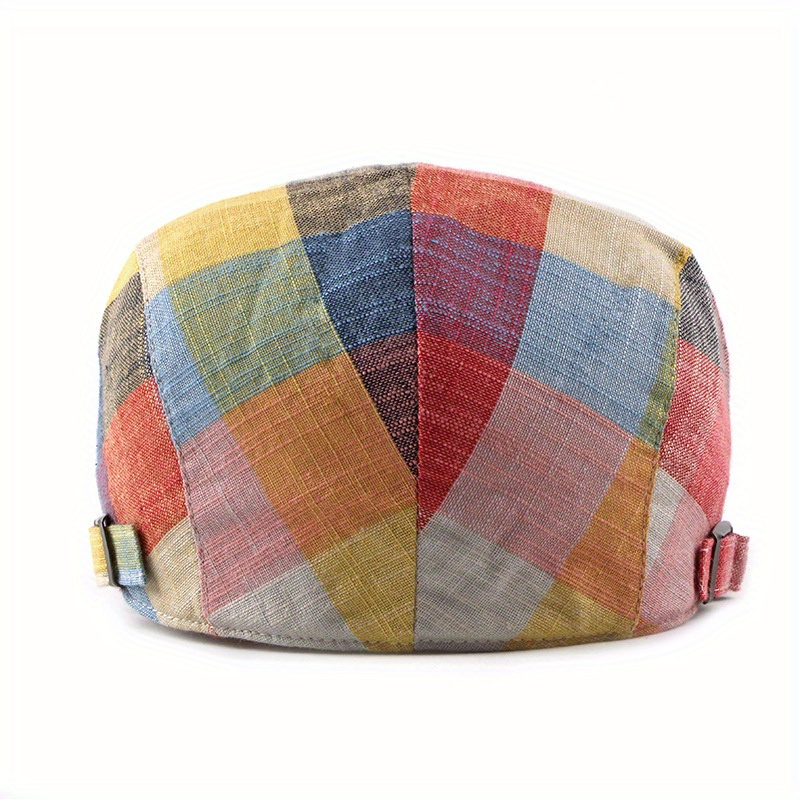 Unisex Lightweight Plaid Beret Hat with Adjustable Snap Closure - Vibrant Multicolor Patchwork Design for Outdoor Casual & Music Festivals, Spring Summer Fashion Cap