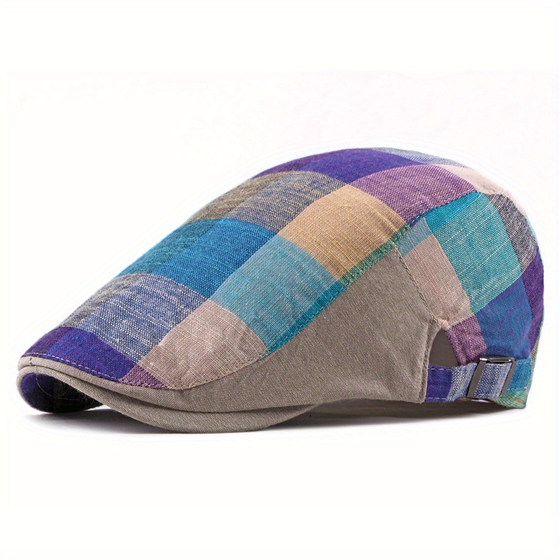 Unisex Lightweight Plaid Beret Hat with Adjustable Snap Closure - Vibrant Multicolor Patchwork Design for Outdoor Casual & Music Festivals, Spring Summer Fashion Cap