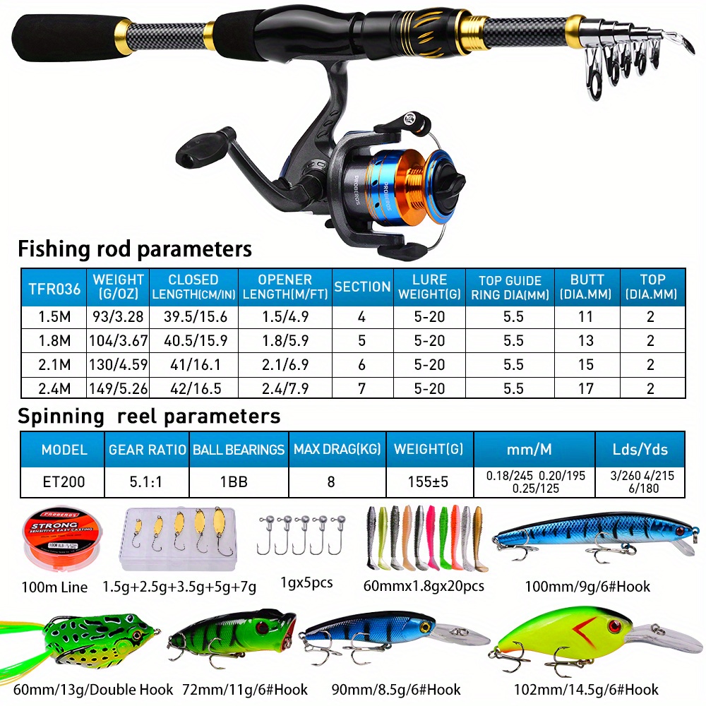 PROBEROS Complete Fishing Kit: 4.9ft-7.9ft Lightweight Glass Steel Spinning Rod & Reel Combo, Colorful Lures, Sinkers, Hooks with Camo Storage Bag - Perfect for Freshwater & Saltwater, Fishing Hooks