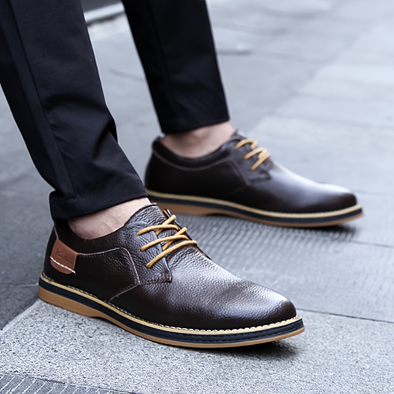 Men's Genuine Leather Casual Business Shoes - Brown with Yellow Accents, Lace-Up, Rubber Sole, EVA Insole, Perfect for Office & Casual Attire, Versatile Men's Shoes | Elegant Casual Shoes | Polished Leather Look