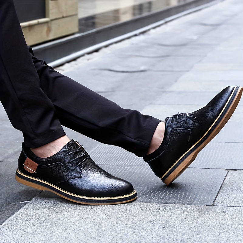 Men's Genuine Leather Casual Business Shoes - Brown with Yellow Accents, Lace-Up, Rubber Sole, EVA Insole, Perfect for Office & Casual Attire, Versatile Men's Shoes | Elegant Casual Shoes | Polished Leather Look