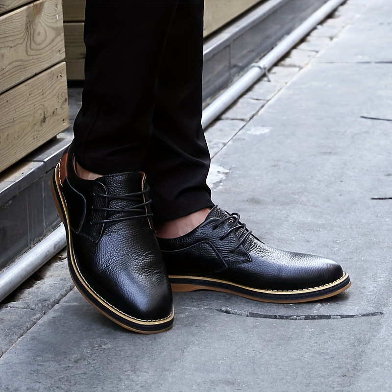 Men's Genuine Leather Casual Business Shoes - Brown with Yellow Accents, Lace-Up, Rubber Sole, EVA Insole, Perfect for Office & Casual Attire, Versatile Men's Shoes | Elegant Casual Shoes | Polished Leather Look