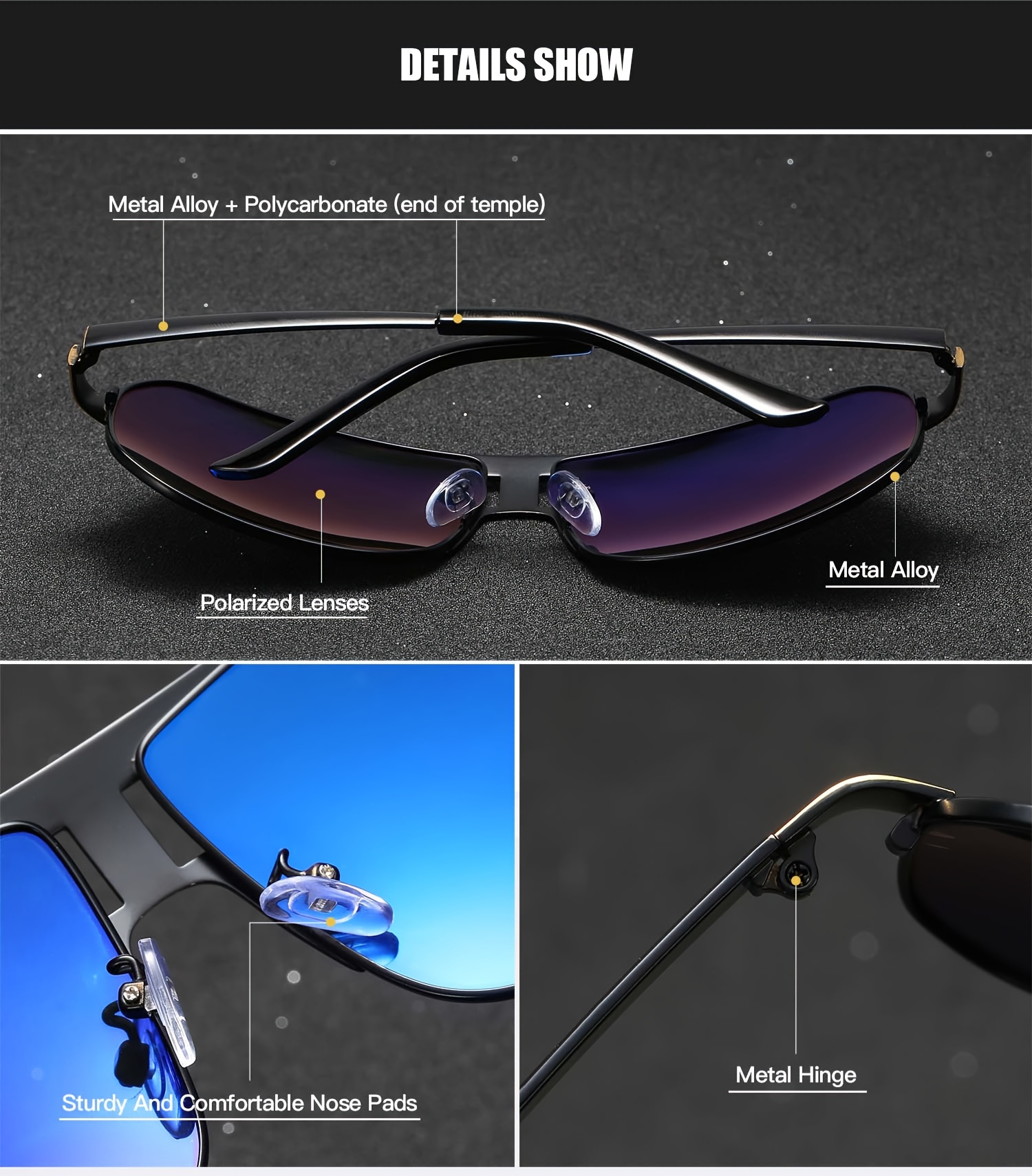 RoyalHot Polarized Square Fashion Glasses - Oversized Alloy Frame, Black Pilot Style, UV Protection, PC Lenses, Metal & Acetate Material, Includes Protective Case & Cloth