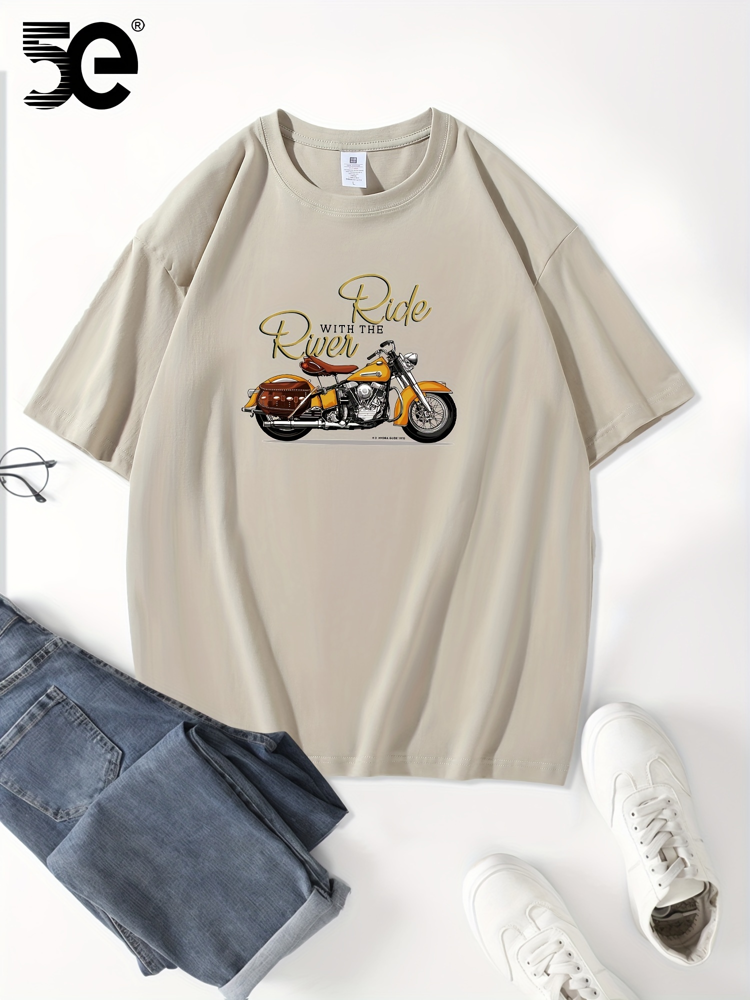 5E Men'S Casual Cotton T-Shirt, 100% Cotton Crew Neck Tee, Heavyweight Summer Short Sleeve with Motorcycle Print, Slight Stretch Loose Fit, Knit Fabric - 230gsm