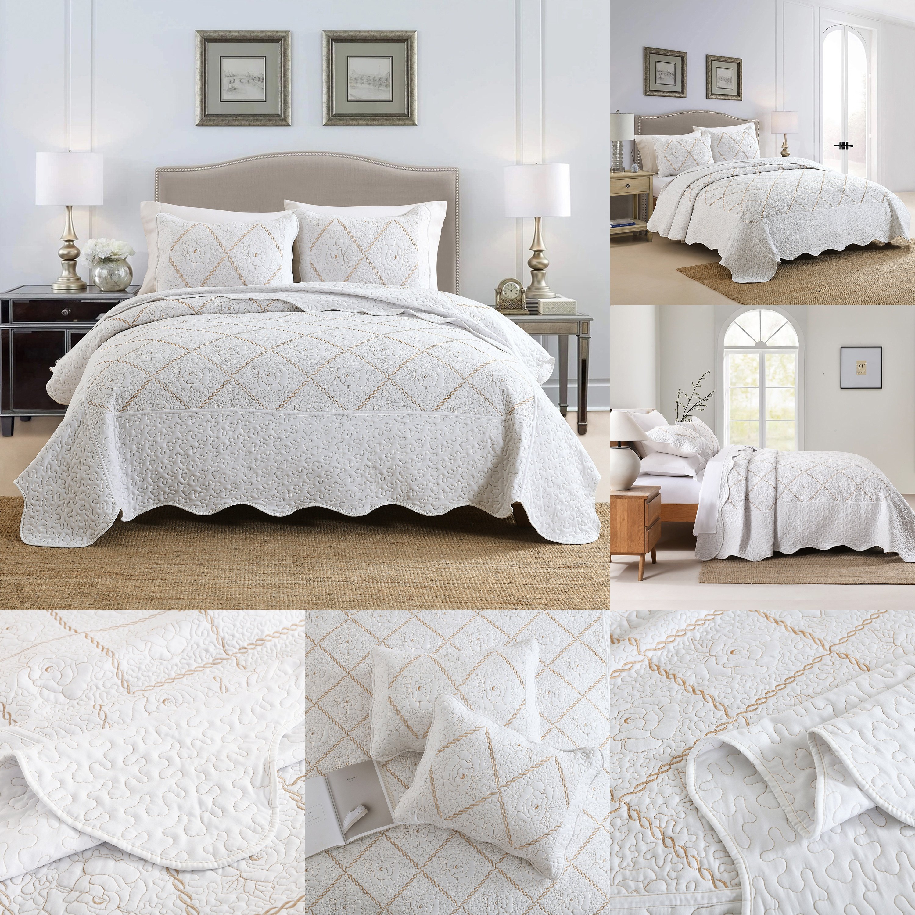 White Golden Thread Advanced Quilt Cover Bedding 3pcs Set Light Double Bed Cover 3pcs Flower Pattern Bedspread Set Summer Cool Quilt(1*Bedspread+2*Pillowcase Without Filler)Soft Breathable And Comfortable Bedding Set for Bedroom