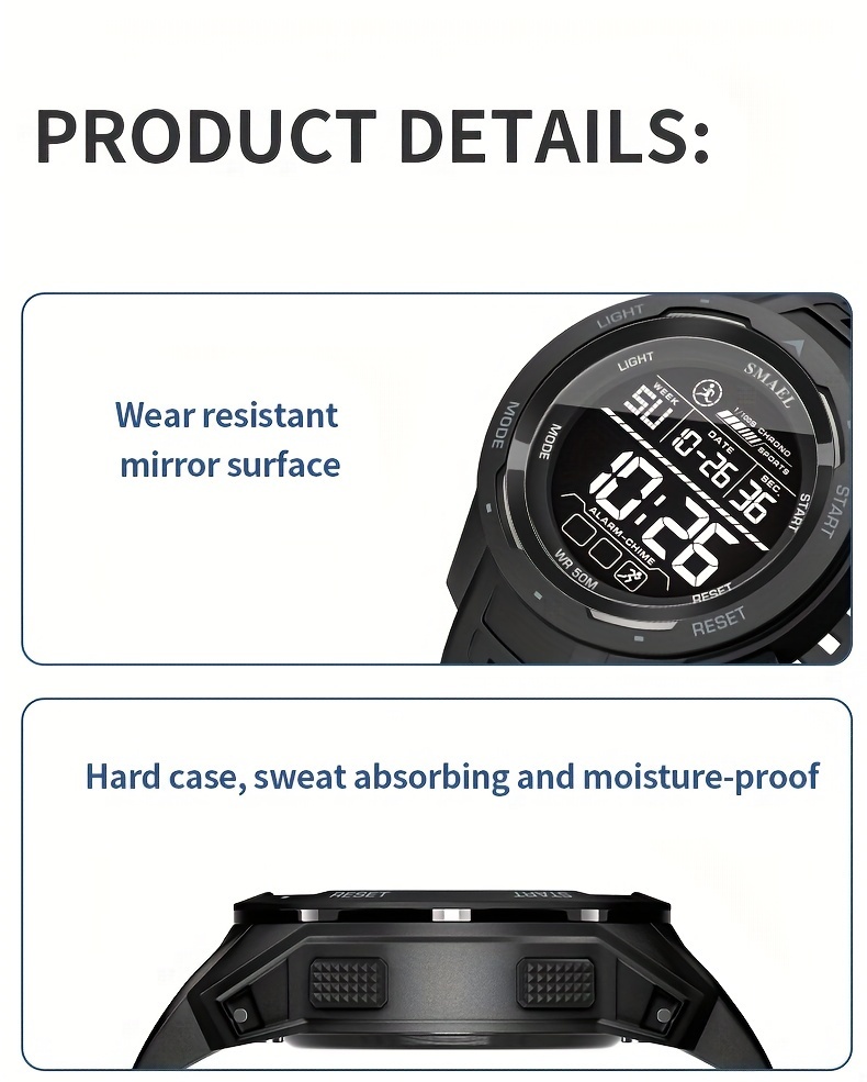 Men's Watch LED Luminous Outdoor Sports 1968.5inch Tactical Military Digital Watch Shockproof Alarm Clock