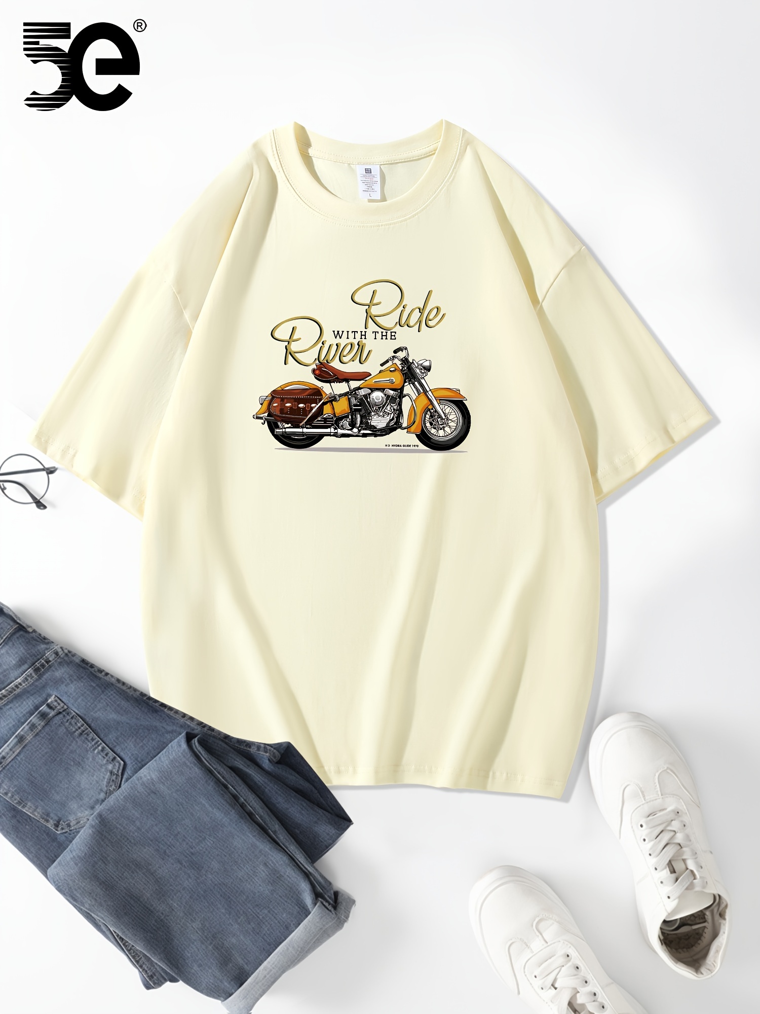 5E Men'S Casual Cotton T-Shirt, 100% Cotton Crew Neck Tee, Heavyweight Summer Short Sleeve with Motorcycle Print, Slight Stretch Loose Fit, Knit Fabric - 230gsm