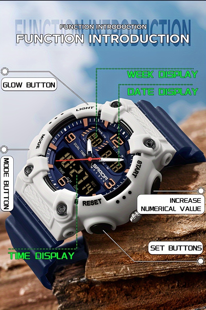 SANDA Men's Sporty Quartz Watch - Waterproof, Dual Display with Alarm, Date & Stopwatch Functions - Perfect Holiday Gift