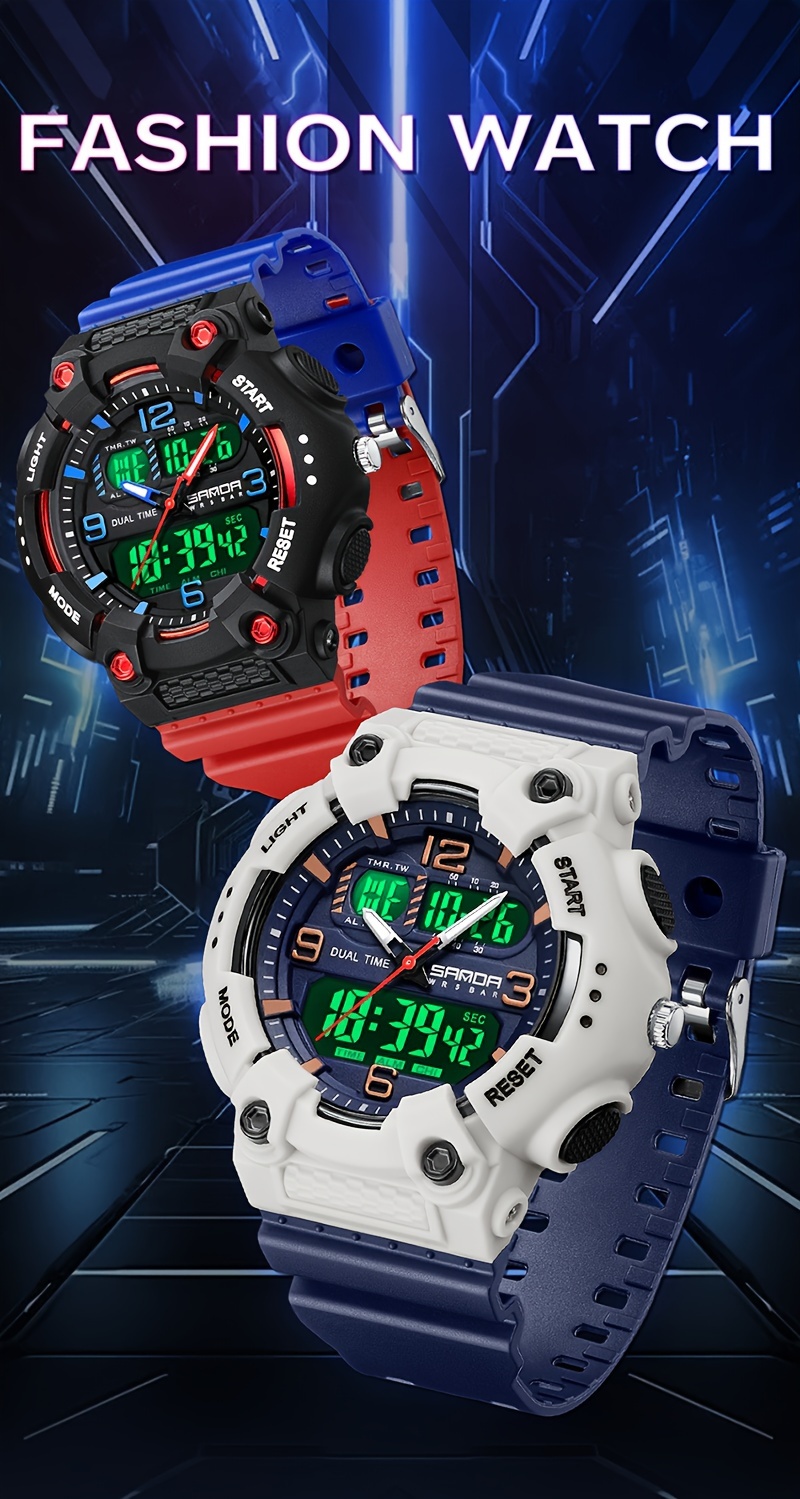 SANDA Men's Sporty Quartz Watch - Waterproof, Dual Display with Alarm, Date & Stopwatch Functions - Perfect Holiday Gift