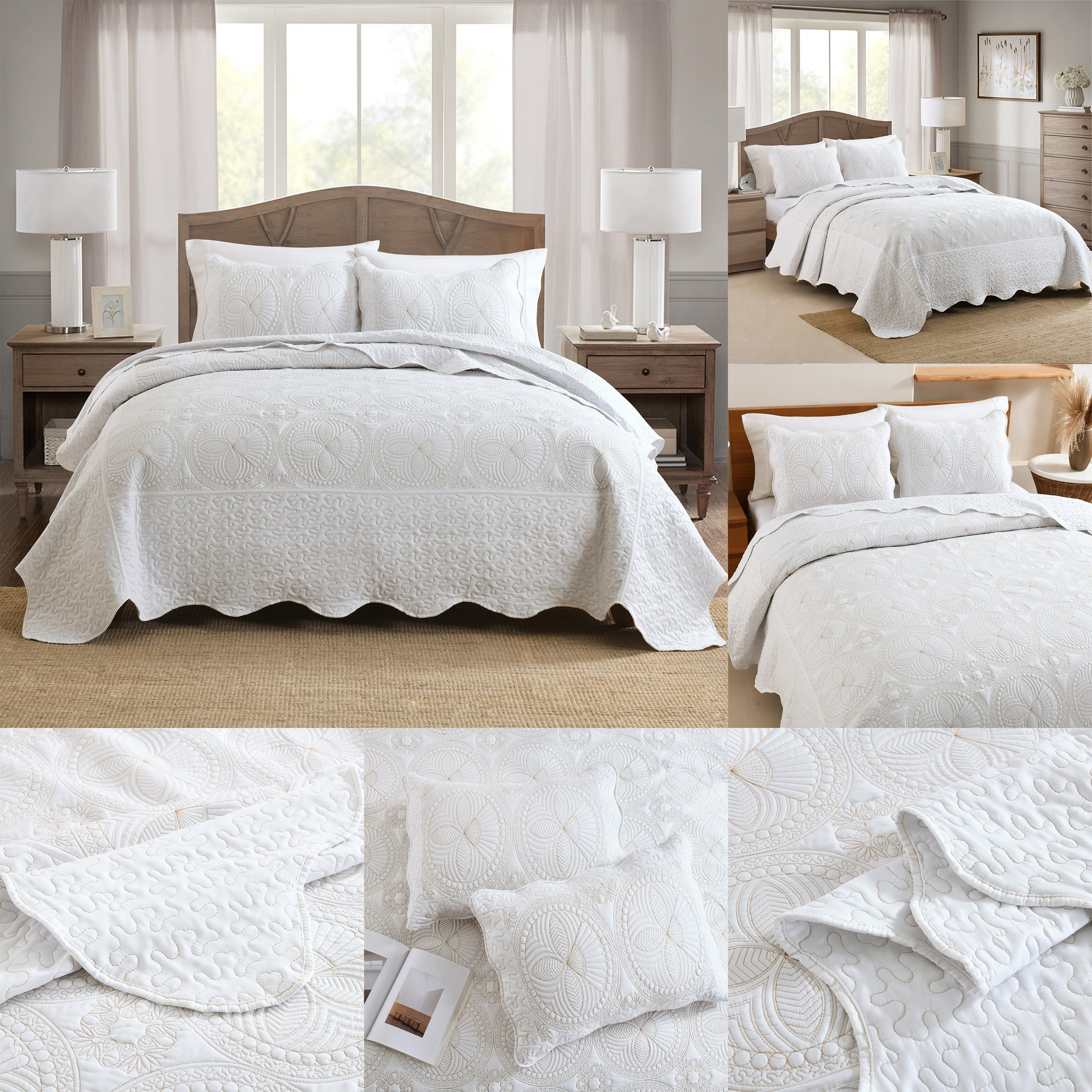 White Golden Thread Advanced Quilt Cover Bedding 3pcs Set Light Double Bed Cover 3pcs Flower Pattern Bedspread Set Summer Cool Quilt(1*Bedspread+2*Pillowcase Without Filler)Soft Breathable And Comfortable Bedding Set for Bedroom