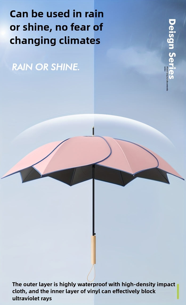 1-Pack Flower Series Petal Design Automatic Open Umbrella with Wooden Handle, 8-Rib High Quality UV Protection Sun/Shade Umbrella, Beige & Pink Fashionable Compact Umbrella for Women & Men, Rainy Day Accessory, Stylish Wooden Handle, High Quality Fabric