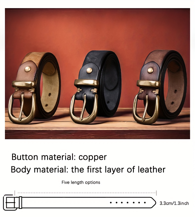 Leather Belt for Men and Women, Pure Cowhide, Retro and Versatile, Denim Belt with Top Layer Cowhide, Old Copper Buckle, Trendy and Cool, Valentine's Day
