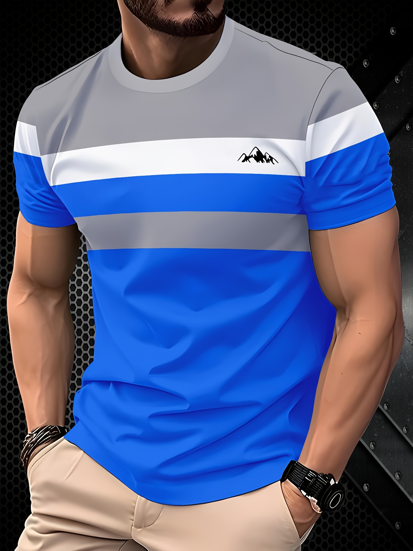 Men's Novelty 3D Printed T-Shirt - Breathable, Moisture-Wicking Polyester Fabric, Color Block Design with Mountain Landscape Print, Casual Round Neck Short Sleeve Tee for Casual Attire