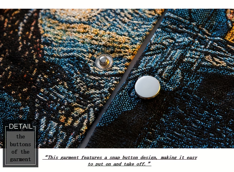 Pearson OBM Men's Slim-Fit Long Sleeve Shirt with Van Gogh-Inspired Embroidered Jacquard - Casual Street Style, Button-Up, Polyester, Machine Washable - Ideal for All Seasons & Great Gift Option
