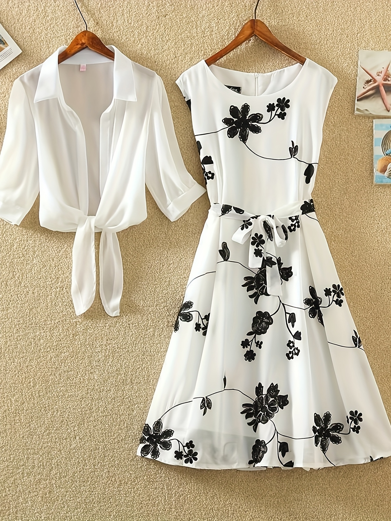 Summer New Retro Printed Small Black Skirt with High Waist and Sleeveless Style, Slim A-line Skirt Two Piece Set Dress