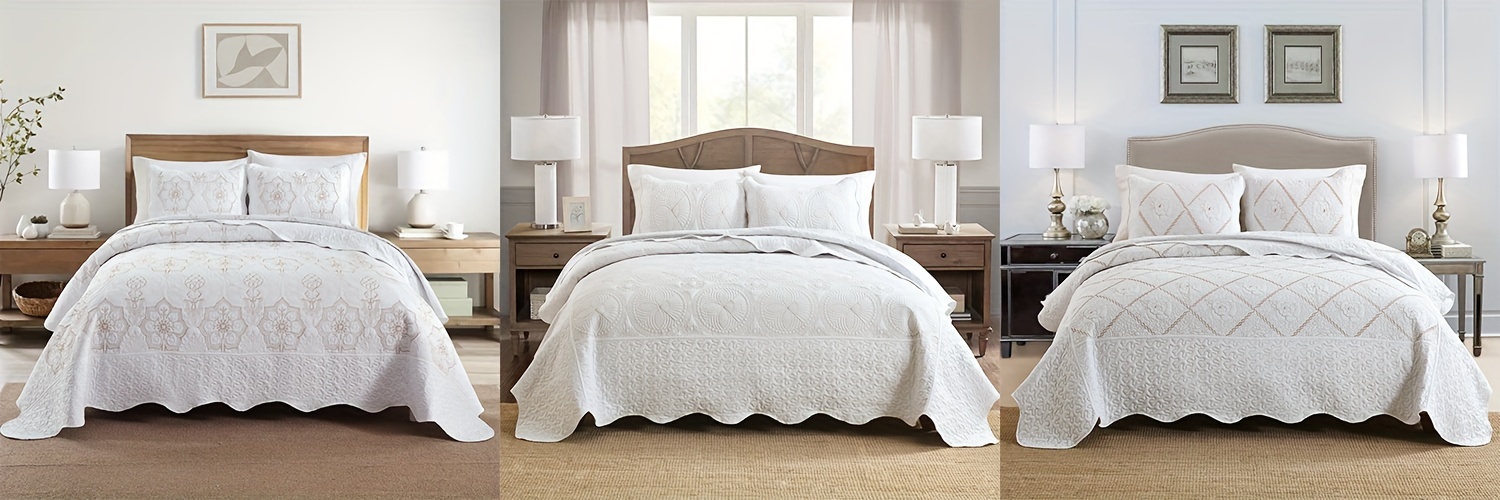 White Golden Thread Advanced Quilt Cover Bedding 3pcs Set Light Double Bed Cover 3pcs Flower Pattern Bedspread Set Summer Cool Quilt(1*Bedspread+2*Pillowcase Without Filler)Soft Breathable And Comfortable Bedding Set for Bedroom