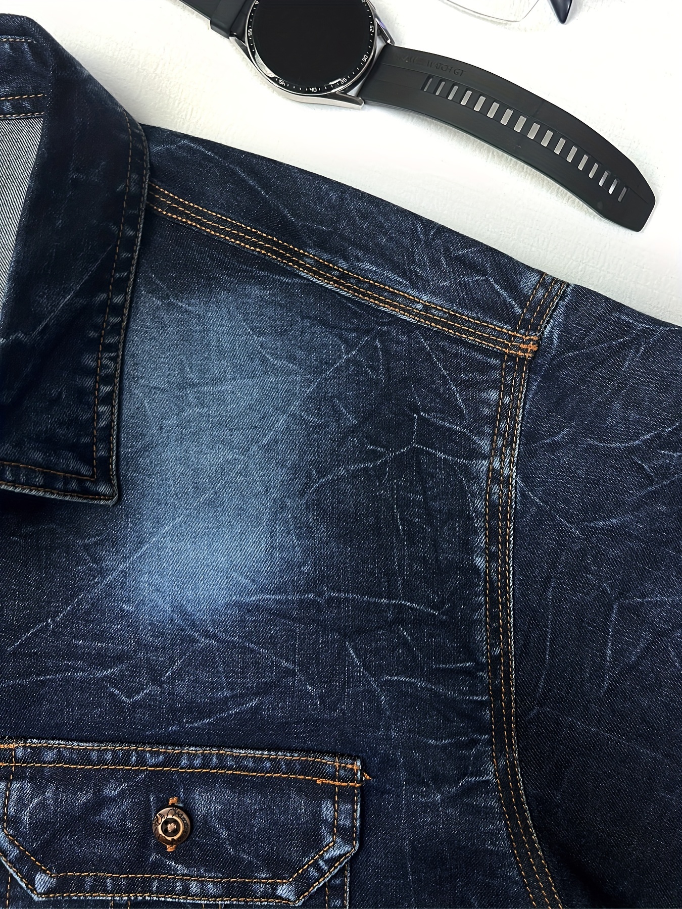 Men's Gradient Color Denim Shirt With Chest Pockets, Casual Lapel Button Up Cotton Blend Long Sleeve Shirt For Outdoor Activities