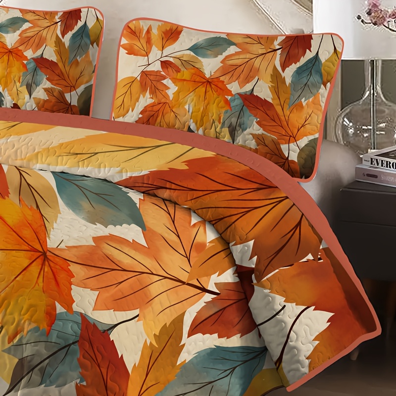 Autumn Leaf Pattern Quilt Set (1 Quilt +1/2 Pillowcases, Without Fillers) All-Season Soft Coverlet with Durable Polyester Fill | Hypoallergenic & Easy Care & Skin-Friendly Design | Ideal for Home/Hotel/Guest Room Decor
