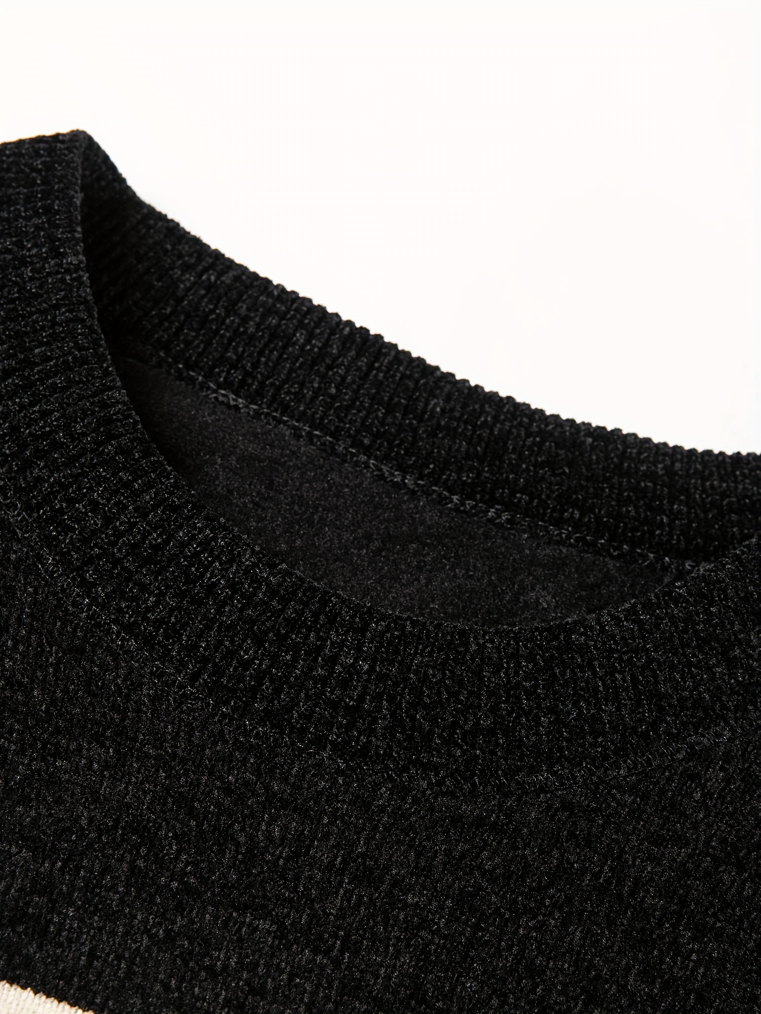 Men'S Winter Striped Crew Neck Sweater, Thickened Polyester, Casual Round Neck, Regular Fit, Long Sleeve, Knitted Pullover with Ribbed Hem and Cuffs, Fashionable Letter Pattern, Winter Warmth Top