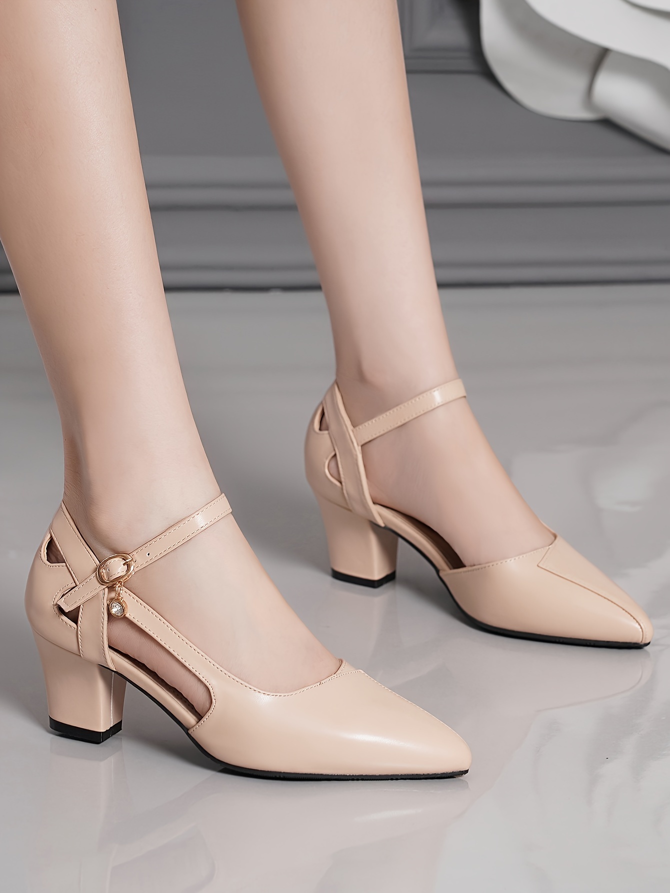 Women's Stylish Chunky Heels, Elegant Point Toe Dress Pumps, Fashion Buckle Strap Heels