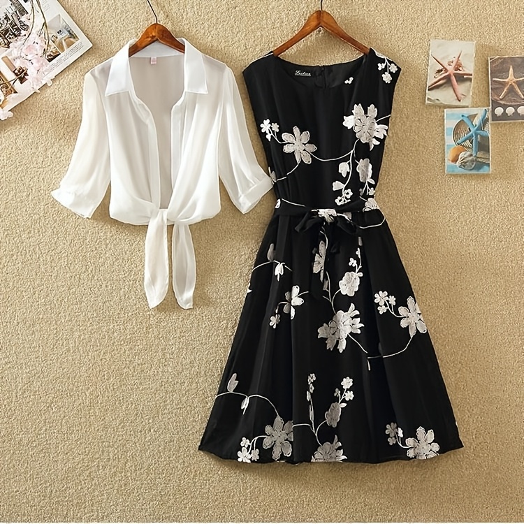 Summer New Retro Printed Small Black Skirt with High Waist and Sleeveless Style, Slim A-line Skirt Two Piece Set Dress