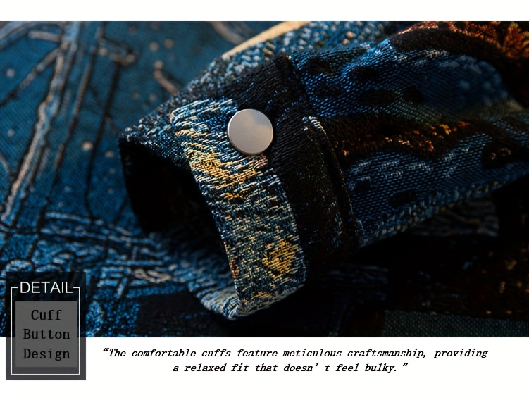 Pearson OBM Men's Slim-Fit Long Sleeve Shirt with Van Gogh-Inspired Embroidered Jacquard - Casual Street Style, Button-Up, Polyester, Machine Washable - Ideal for All Seasons & Great Gift Option