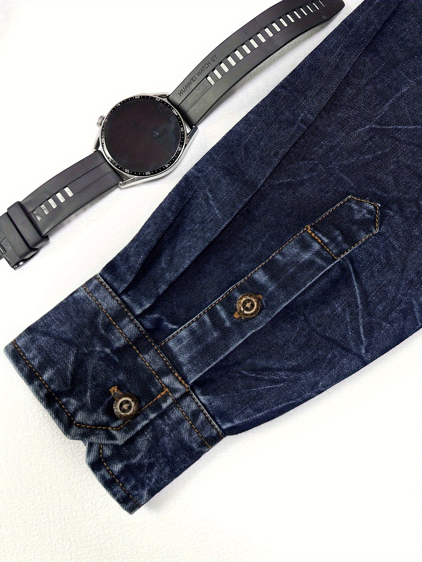 Men's Gradient Color Denim Shirt With Chest Pockets, Casual Lapel Button Up Cotton Blend Long Sleeve Shirt For Outdoor Activities
