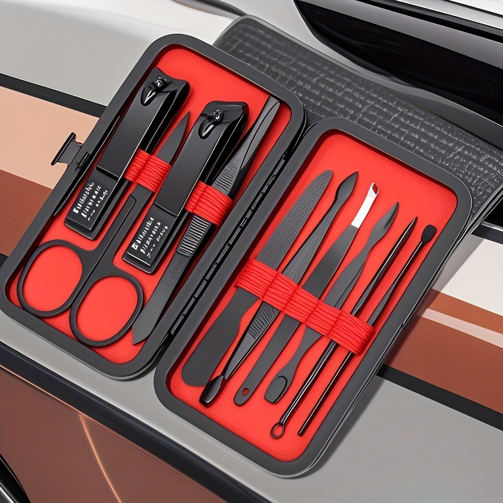 10pcs Deluxe Manicure & Pedicure Set - Ultra Sharp Stainless Steel Nail Clippers, Scissors, File, and Grooming Tools in Stylish Black & Red Case - Professional Quality Kit for Perfect Fingernails & Toenails, Full Set, Sturdy