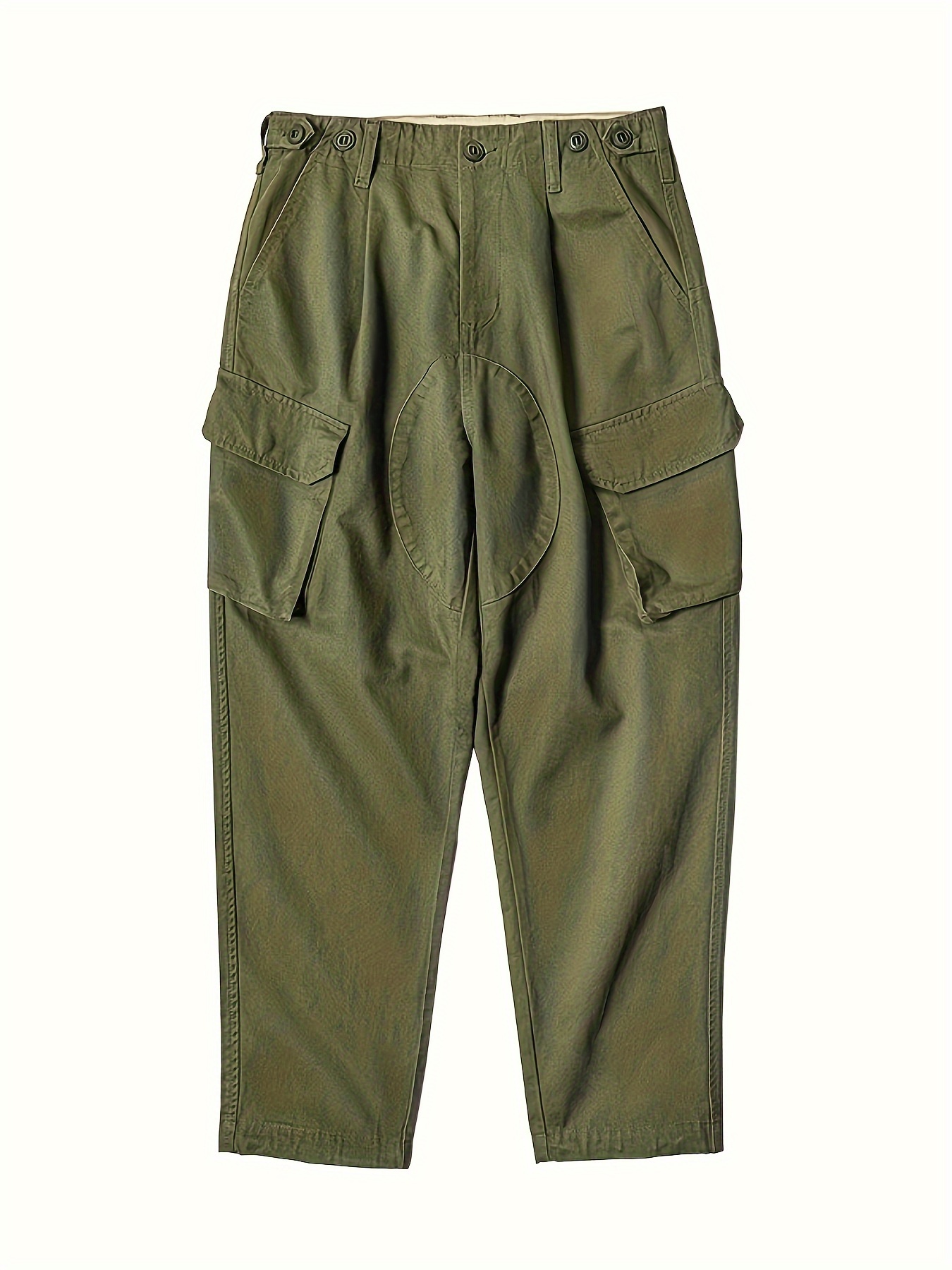 Men's Vintage Style Loose 100% Cotton Solid Cargo Pants With Multi Pockets, Drawstring Trousers For Spring Fall