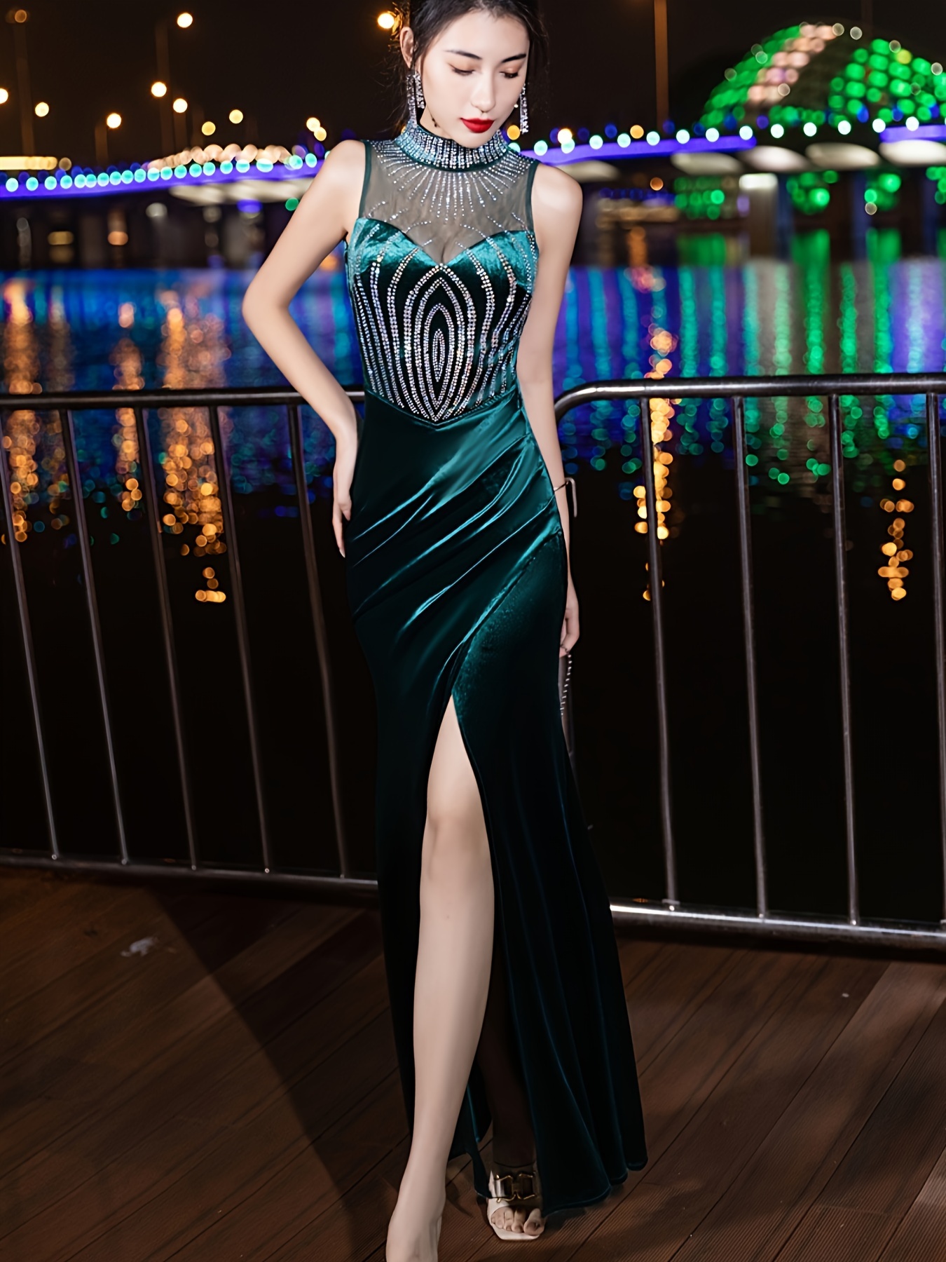 [Chic Glamour] Elegant Velvet Evening Gown for Women - Black Sleeveless Mermaid Tail Dress with Choker Neckline, High-Low Hem, and Ruched Detailing for Parties & Formal Events