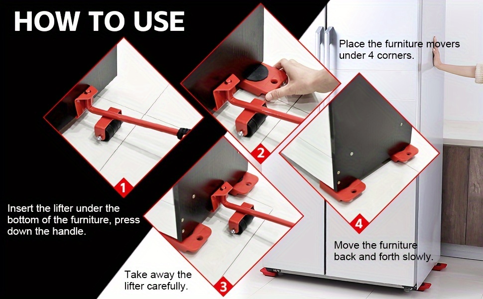 5pcs Heavy-Duty Furniture Moving System, Carbon Steel, Uncharged, No Battery Required, with Lifter Tool Set for Hardware Moving Tools