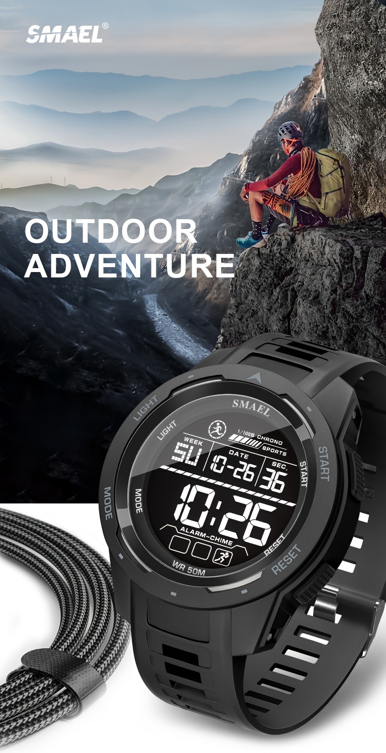 Men's Watch LED Luminous Outdoor Sports 1968.5inch Tactical Military Digital Watch Shockproof Alarm Clock