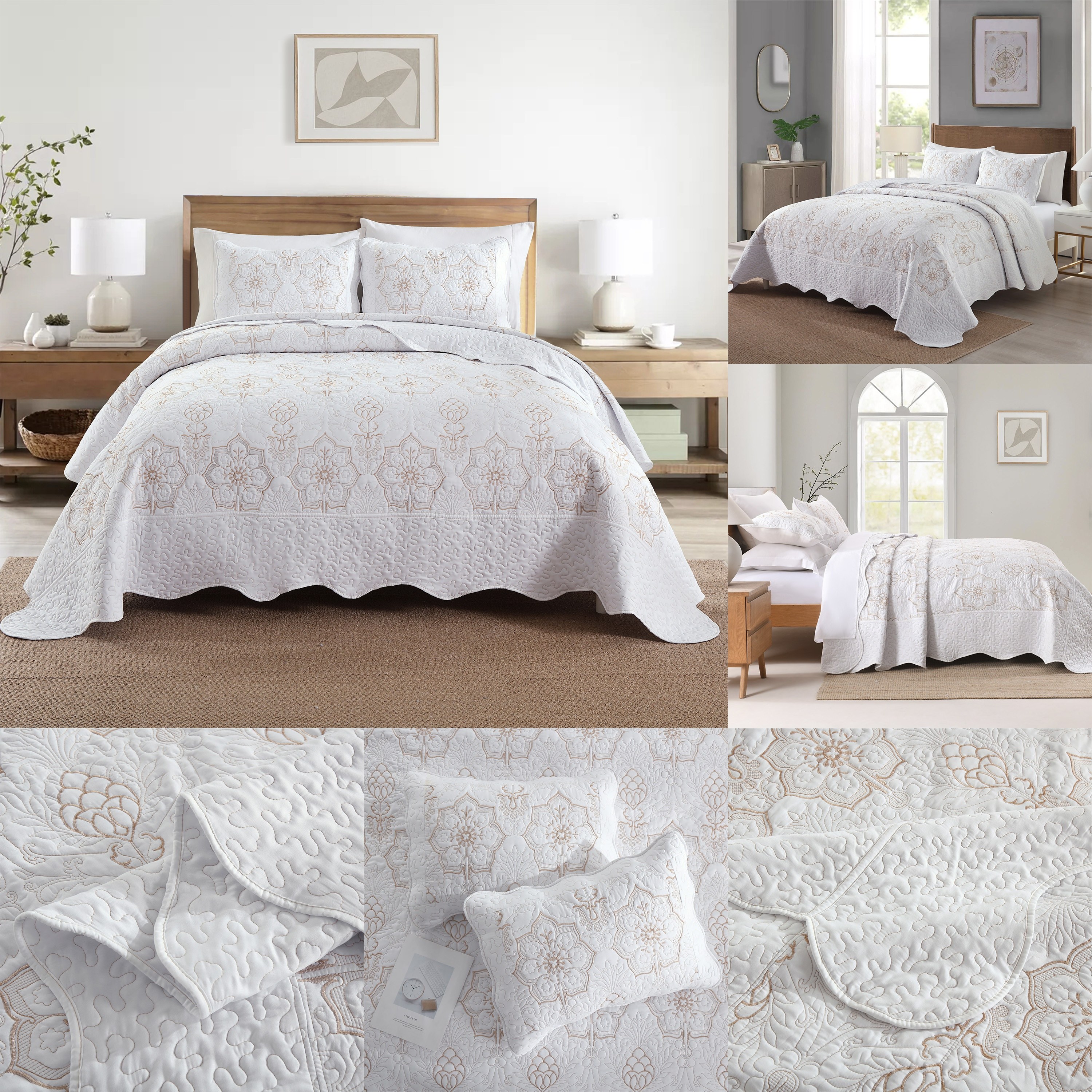 White Golden Thread Advanced Quilt Cover Bedding 3pcs Set Light Double Bed Cover 3pcs Flower Pattern Bedspread Set Summer Cool Quilt(1*Bedspread+2*Pillowcase Without Filler)Soft Breathable And Comfortable Bedding Set for Bedroom
