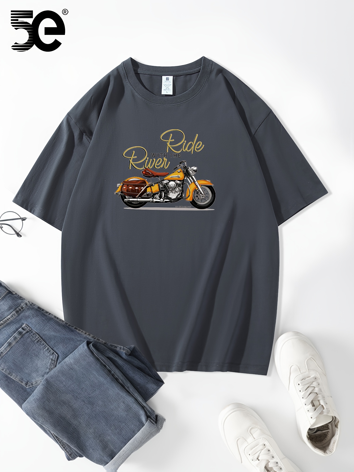 5E Men'S Casual Cotton T-Shirt, 100% Cotton Crew Neck Tee, Heavyweight Summer Short Sleeve with Motorcycle Print, Slight Stretch Loose Fit, Knit Fabric - 230gsm