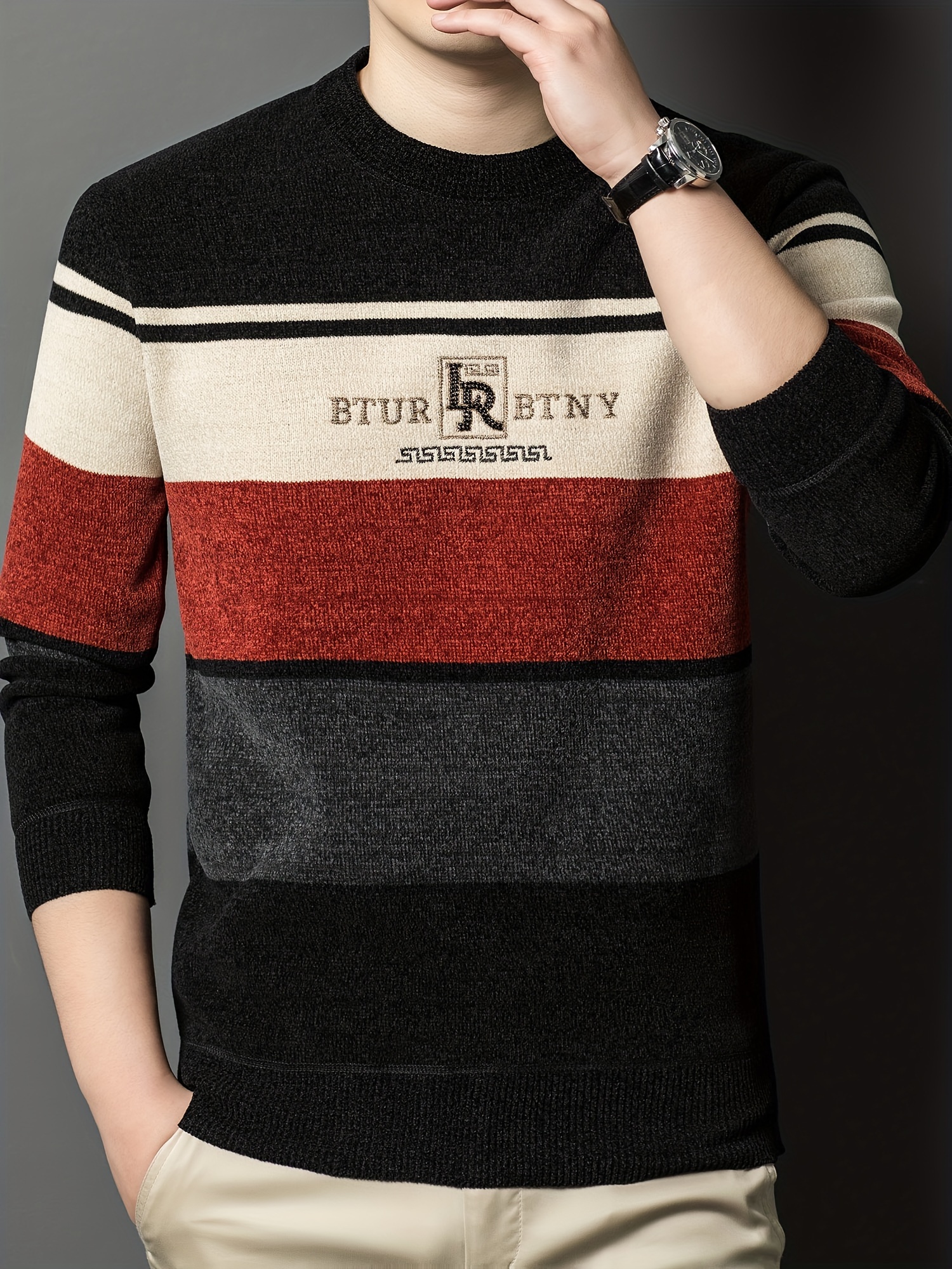 Men'S Winter Striped Crew Neck Sweater, Thickened Polyester, Casual Round Neck, Regular Fit, Long Sleeve, Knitted Pullover with Ribbed Hem and Cuffs, Fashionable Letter Pattern, Winter Warmth Top