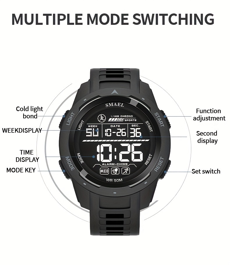 Men's Watch LED Luminous Outdoor Sports 1968.5inch Tactical Military Digital Watch Shockproof Alarm Clock