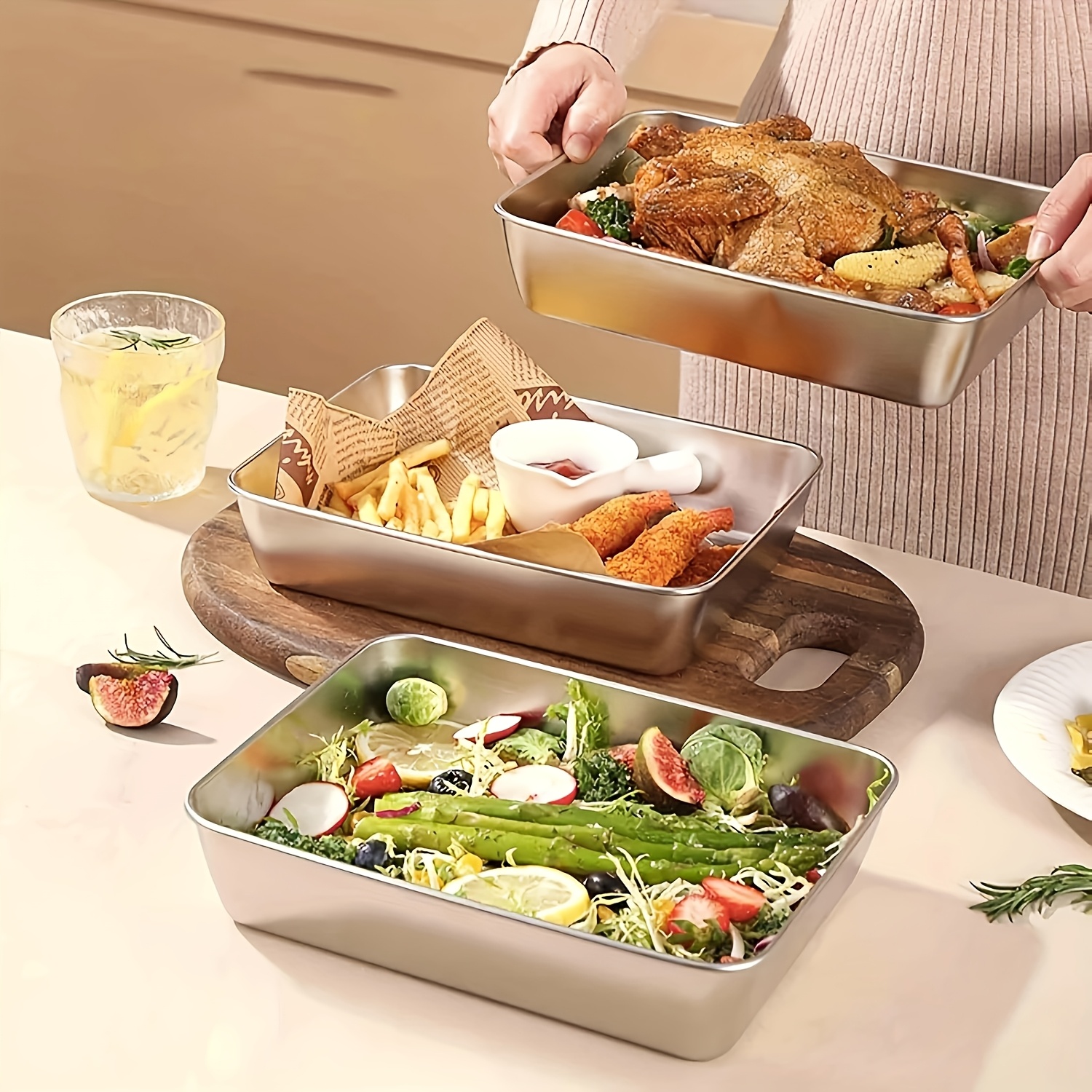 6pcs/set Large Stainless Steel Square Food Storage Containers with Transparent Lids - Leak Proof, Stackable, Perfect for Meat, Fruits, and Vegetables - Ideal Kitchen Organizer for Home and Outdoor Use