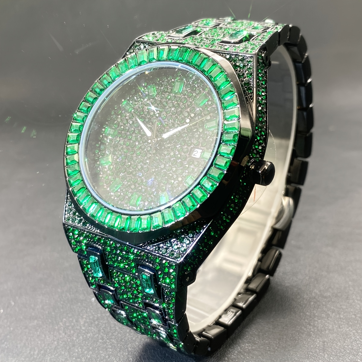 2024 New Hip Hop Men's Quartz Watch Brand Luxury Artificial Rhinestone Dating Iced Watch Men's Fashion Green Watch