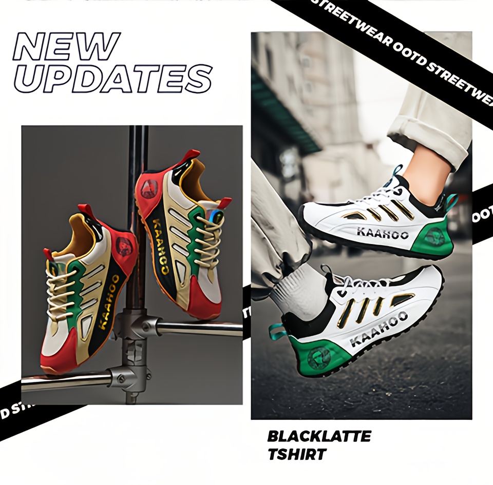 Dulshaeran KAAHOO Unisex Low-Top Casual Sneakers - Lightweight Breathable Mesh & Synthetic, Vibrant Green/Red/Beige/Black Colorway, Round Toe Comfort, Durable Rubber Sole for Spring/Summer Walking & Casual Attire
