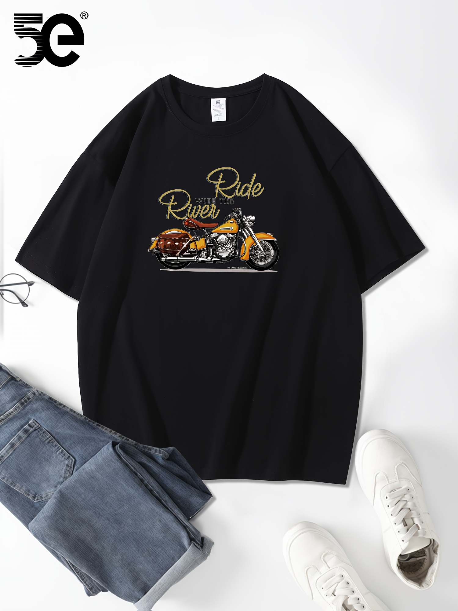 5E Men'S Casual Cotton T-Shirt, 100% Cotton Crew Neck Tee, Heavyweight Summer Short Sleeve with Motorcycle Print, Slight Stretch Loose Fit, Knit Fabric - 230gsm