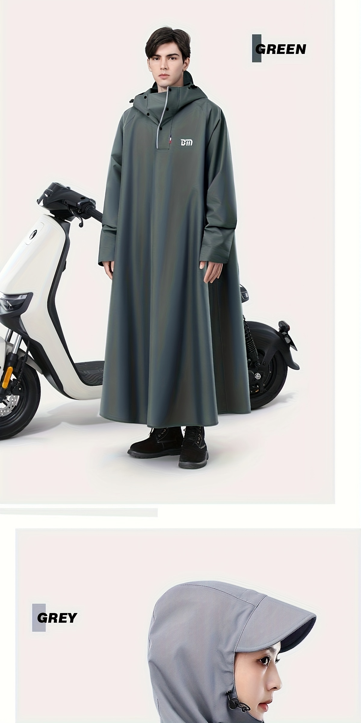 BM Fashion Handsome Polyester Raincoat with Sleeves, Unisex Full-Length Motorbike Poncho, Water-Resistant Rain Cape for Adults, Elastic Cuffs, Extended Sleeves - Khaki A58