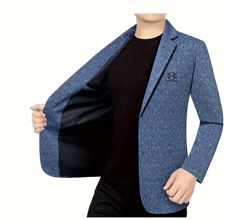 Premium Men's Casual Blazer - Light Blue Polyester Blend Jacket with Notched Lapel, Machine Washable, Spring/Autumn Business & Social Wear