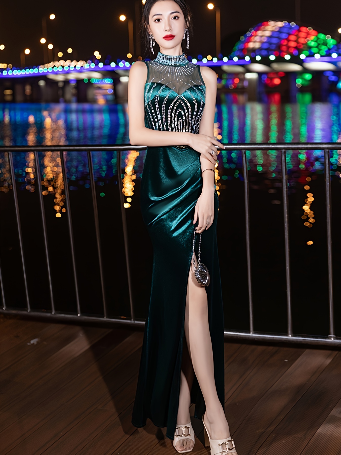 [Chic Glamour] Elegant Velvet Evening Gown for Women - Black Sleeveless Mermaid Tail Dress with Choker Neckline, High-Low Hem, and Ruched Detailing for Parties & Formal Events