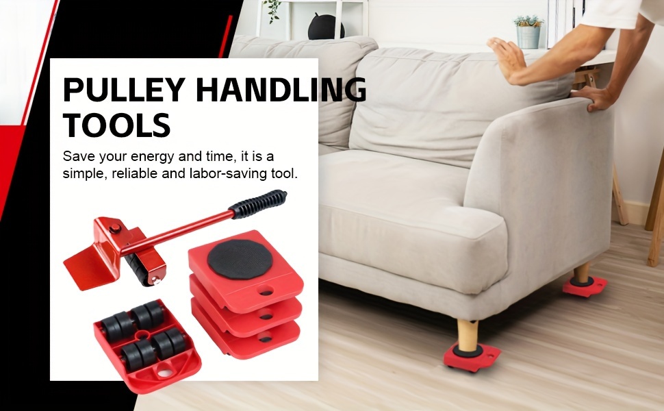 5pcs Heavy-Duty Furniture Moving System, Carbon Steel, Uncharged, No Battery Required, with Lifter Tool Set for Hardware Moving Tools