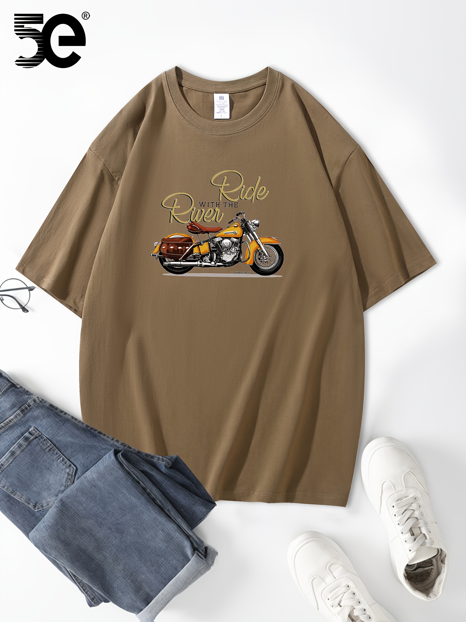 5E Men'S Casual Cotton T-Shirt, 100% Cotton Crew Neck Tee, Heavyweight Summer Short Sleeve with Motorcycle Print, Slight Stretch Loose Fit, Knit Fabric - 230gsm