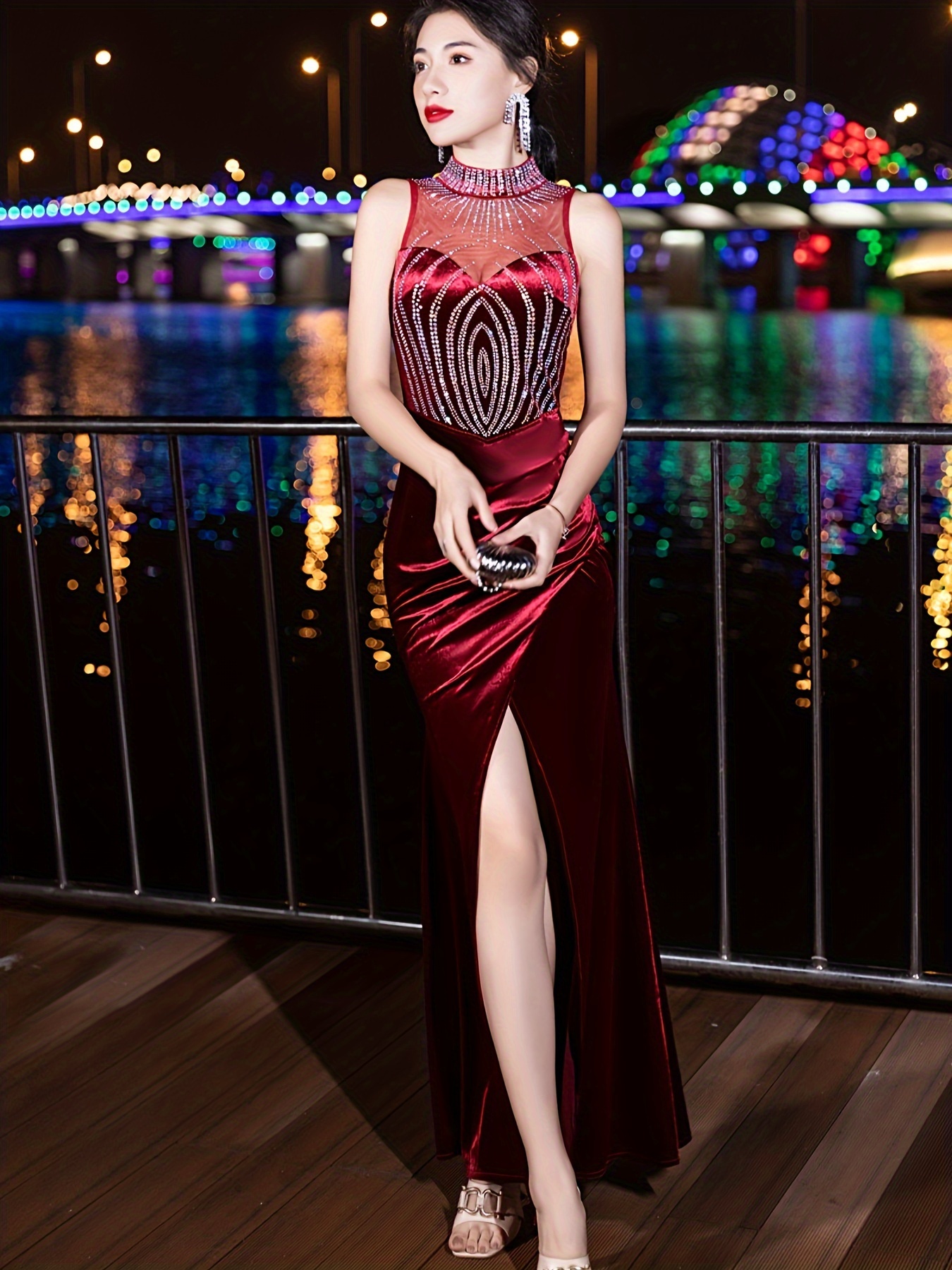 [Chic Glamour] Elegant Velvet Evening Gown for Women - Black Sleeveless Mermaid Tail Dress with Choker Neckline, High-Low Hem, and Ruched Detailing for Parties & Formal Events